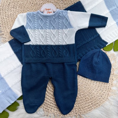 Saída de Maternidade 3 Peças Lucas - Azul Bebê e Azul Jeans
